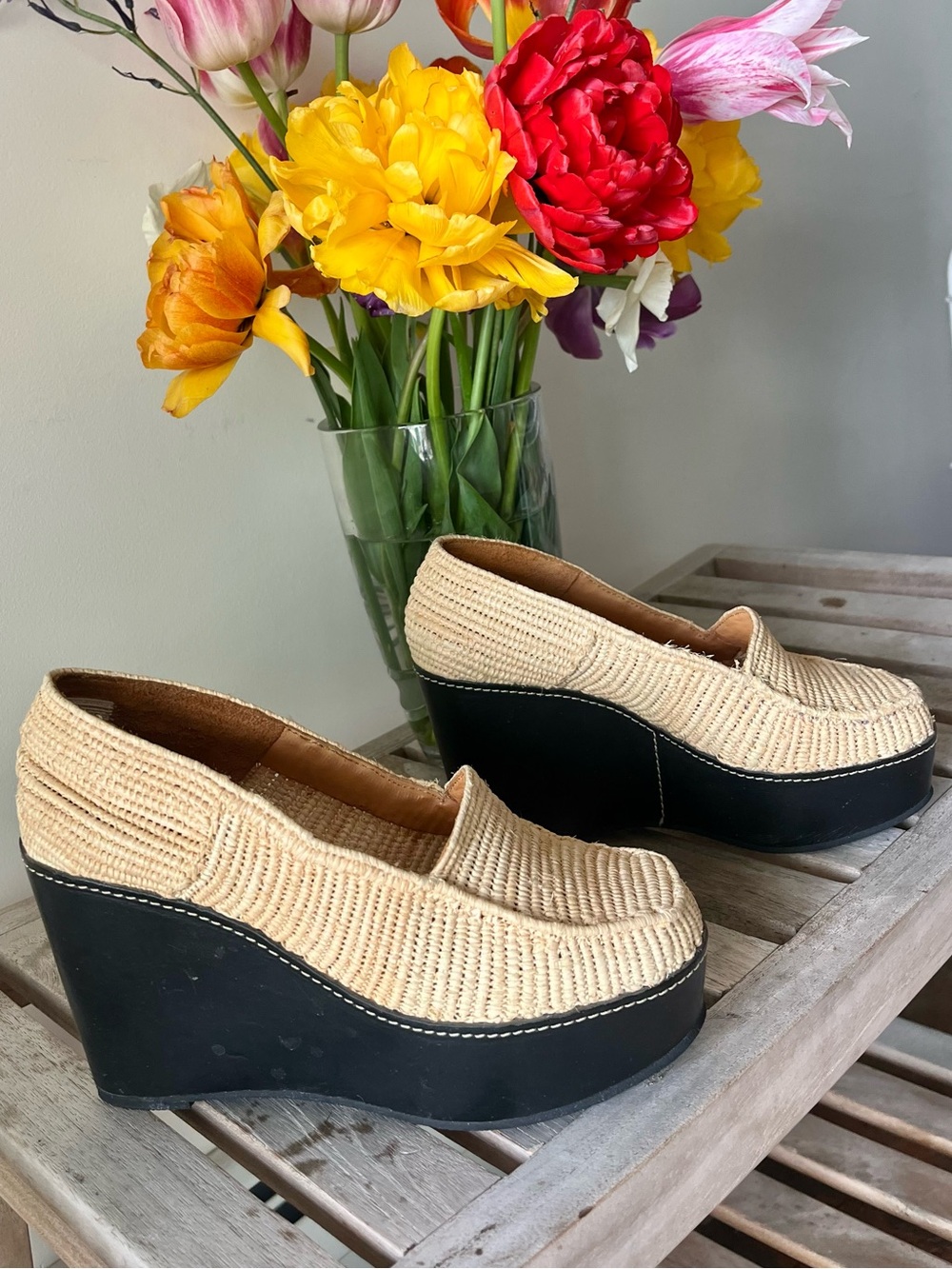 Carven for Robert Clergerie Raffia Platform Wedge Loafers EU 37 Straw Shoes
